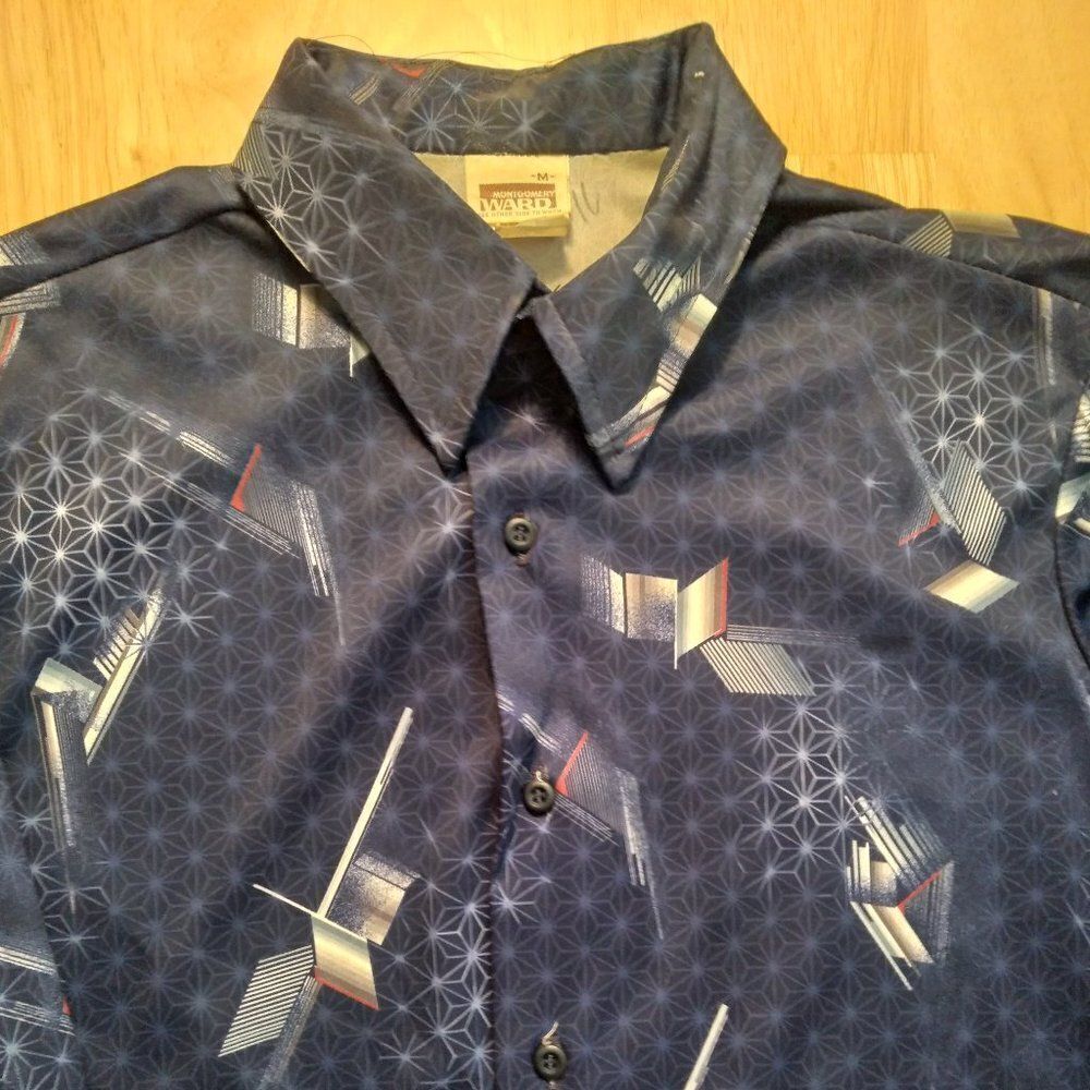 Vintage 70s Montgomery Ward Abstract Geometric Polyester Disco Shirt